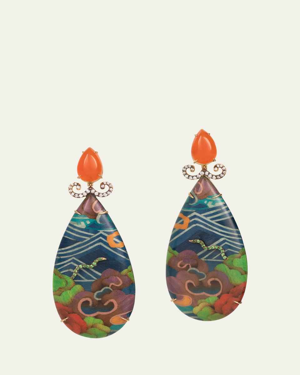 Marquetry Teardrop Earrings with Diamonds, Tsavorite and Carnelian